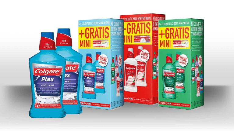 Colgate Plax Flasche und dahinter 3 Sonderverpackungen mit Aktions-Störer
