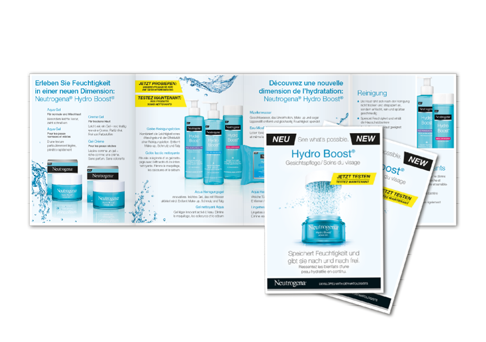 Mehrseitiger Flyer mit einer Produktprobe
