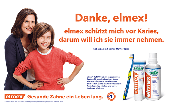 Sujet der "Danke, elmex!" Kampagne mit Mutter und Sohn