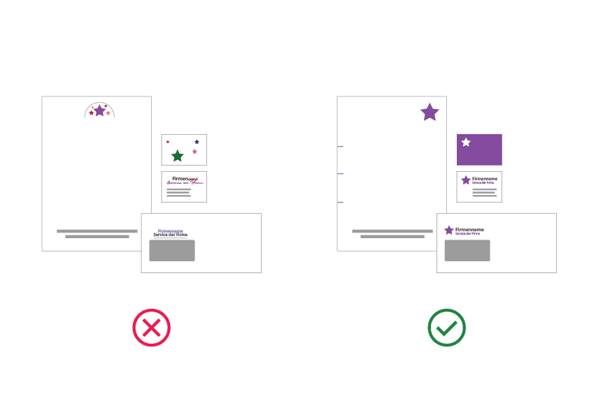 Beispiel eines guten Corporate Designs anhand der Drucksorten wie z.b. Visitenkarten, Briefpapier, Briefkuvert etc.. 